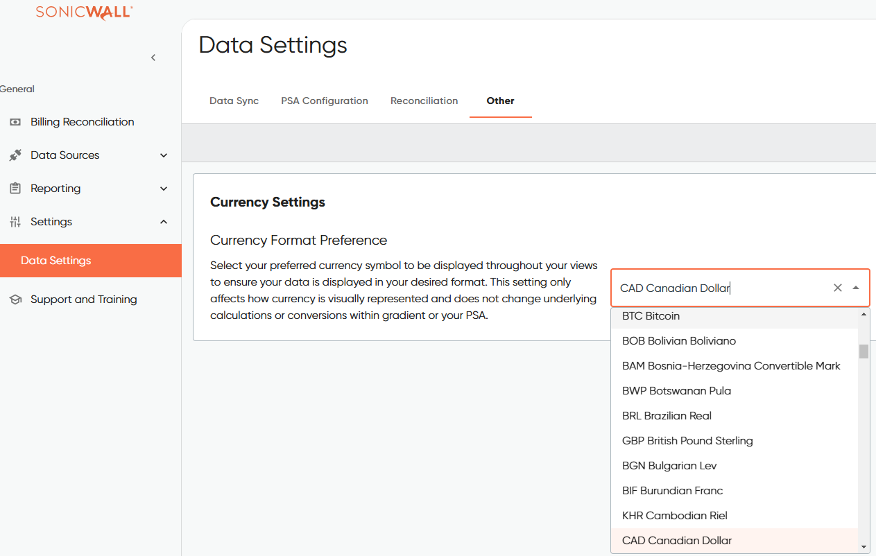 Image of the data settings screen